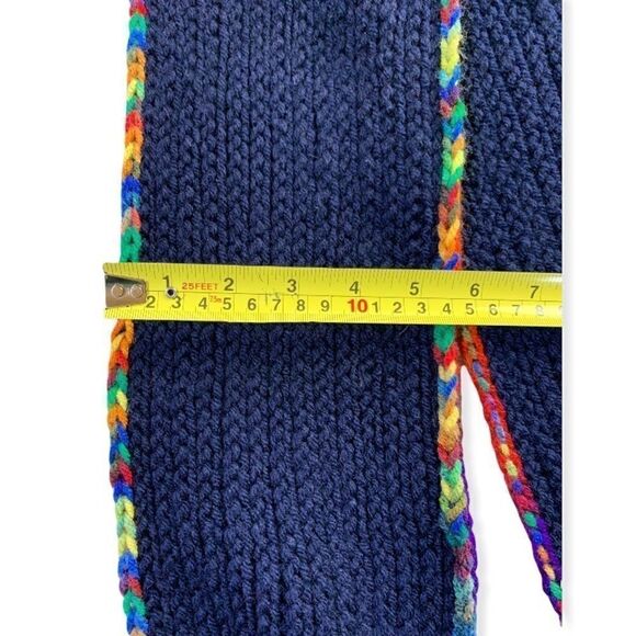 HANDKNIT Rainbow trimmed Navy Scarf - Picture 3 of 4